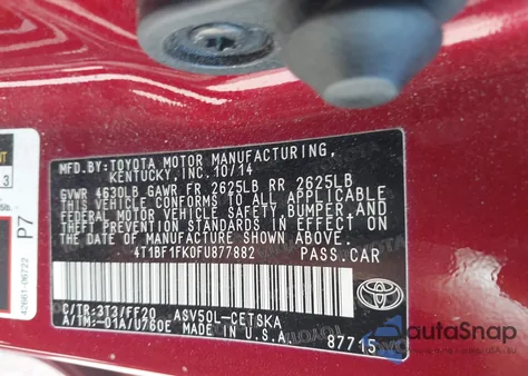 2015 Toyota Camry Se из США, поврежденный, VIN 4T1BF1FK0FU877882